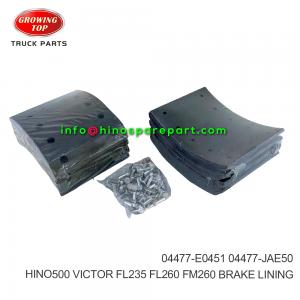 HINO500 VICTOR FL235 FL260 FM260 BRAKE LINING 04477-E0451